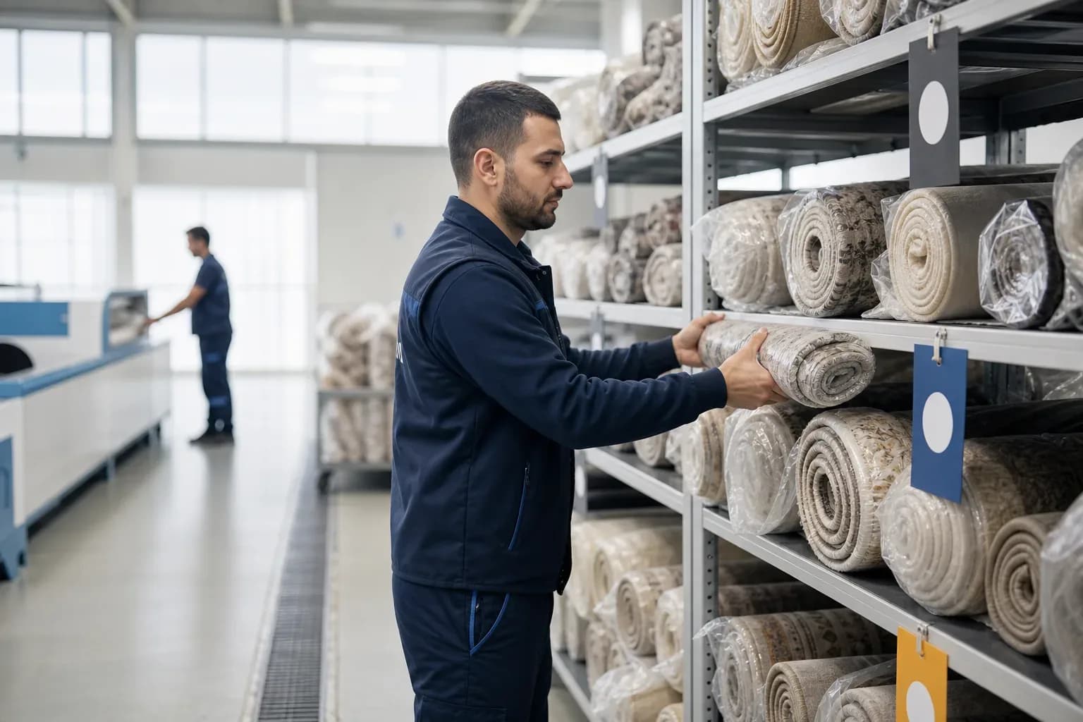 Kirli, işlemde ve teslime hazır halılar için ayrılmış etiketli depo rafları