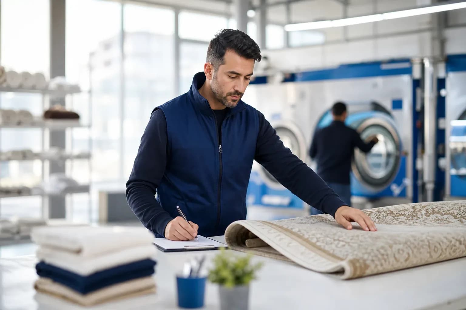 Halı yıkama işletmesinde müşteri bilgilendirme durumlarını planlayan operasyon sorumlusu