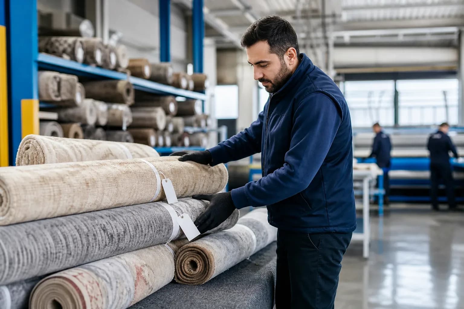Sipariş ve parça numaralarıyla etiketlenerek depo bölümlerine ayrılmış halılar