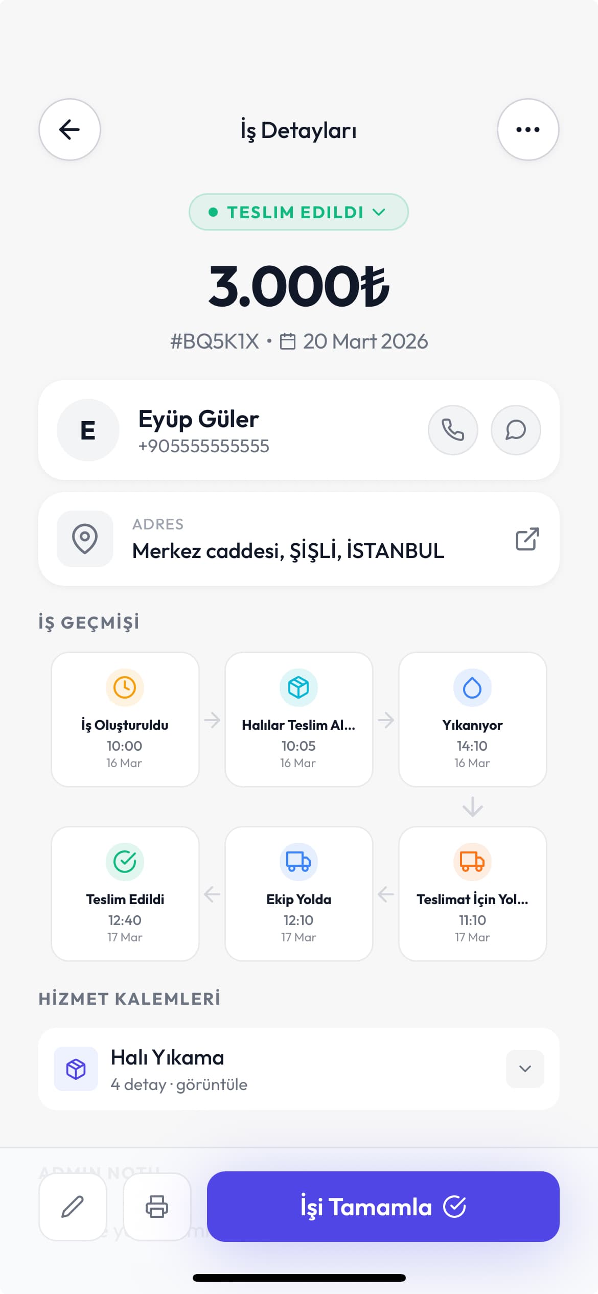 Temizify — Halı Yıkama iş detayı ve işlem geçmişi ekranı